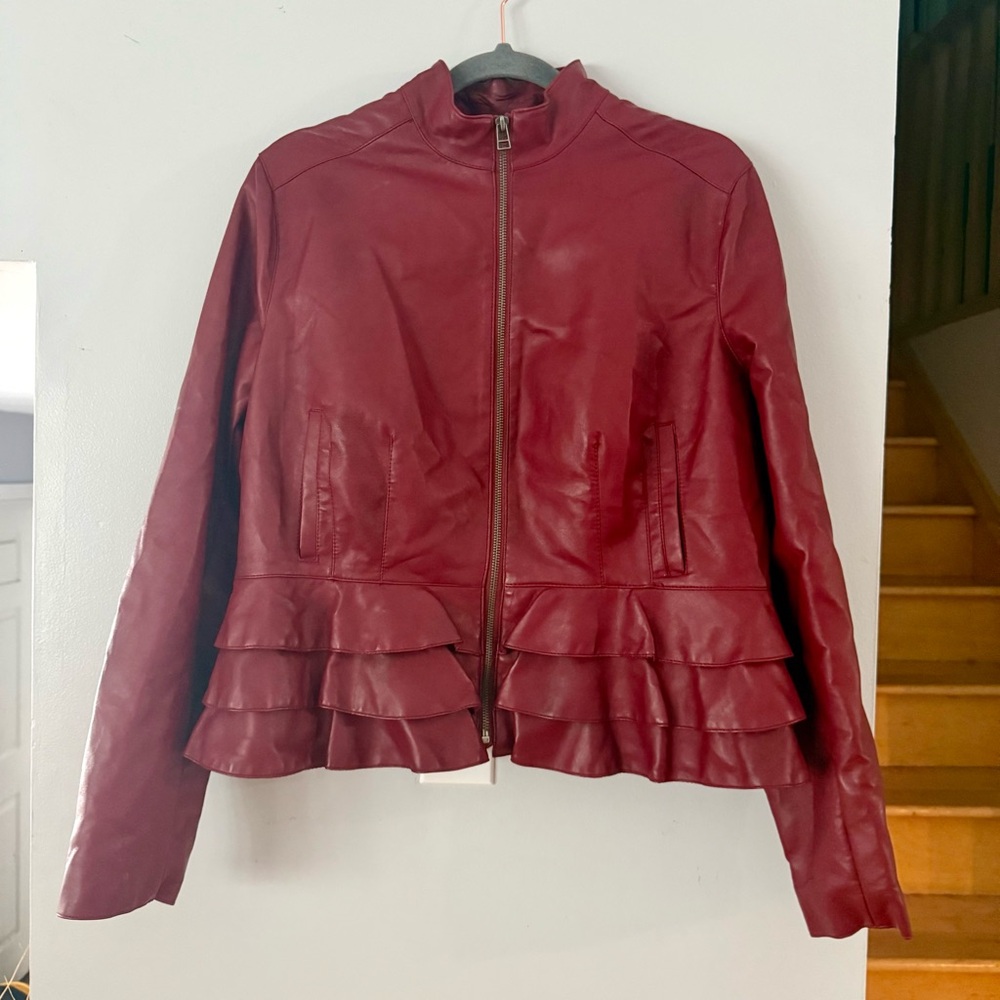 Bagatelle Romantic Rock Red Vegan Leather Jacket with Layered Hem